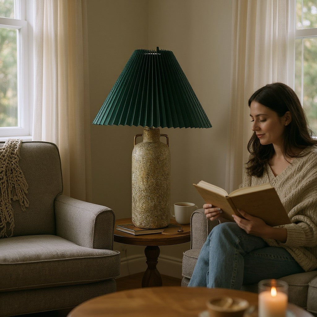 Contemporary Stone Table Lamp With Teal Pleated Shade