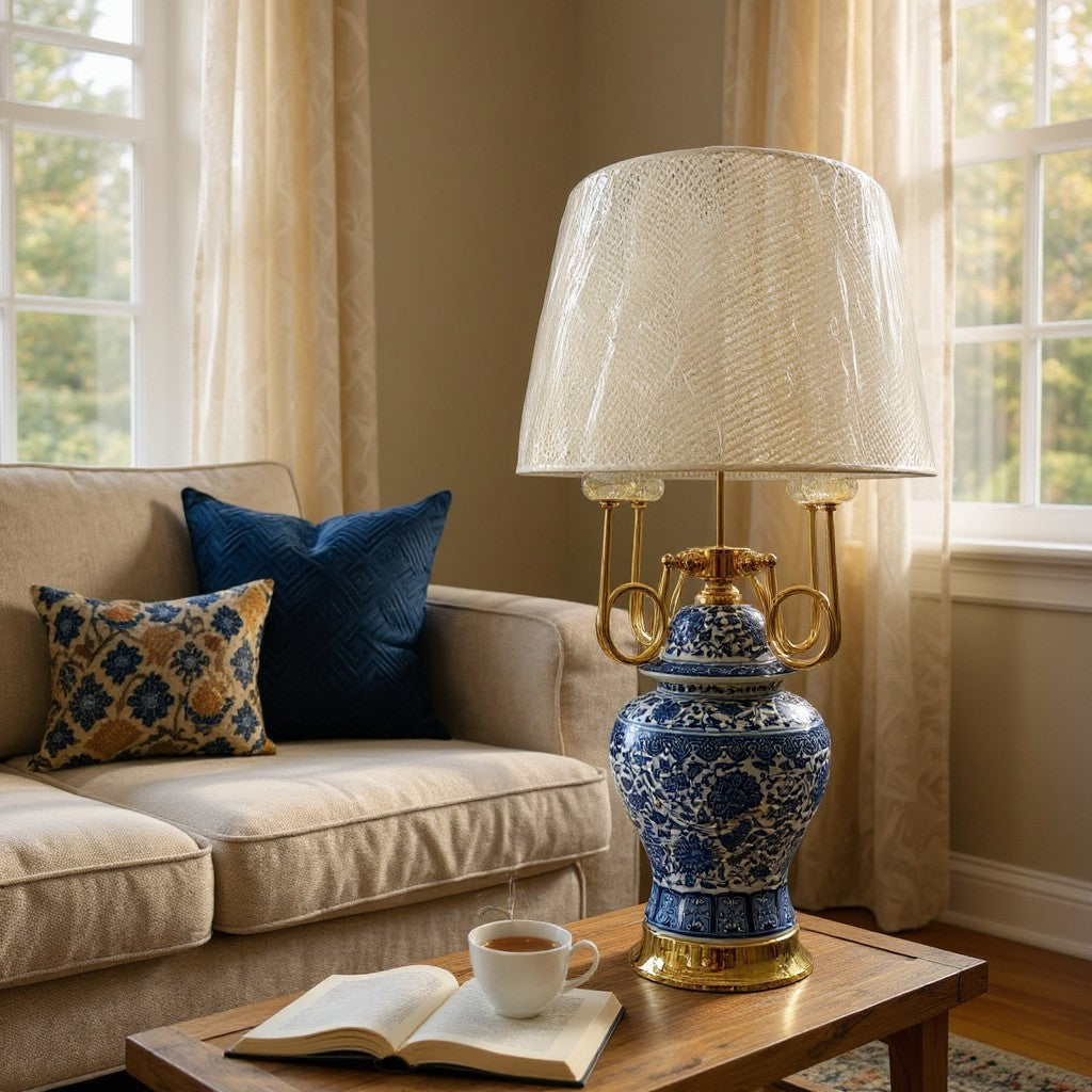 Royal Blue White Floral Porcelain Table Lamp