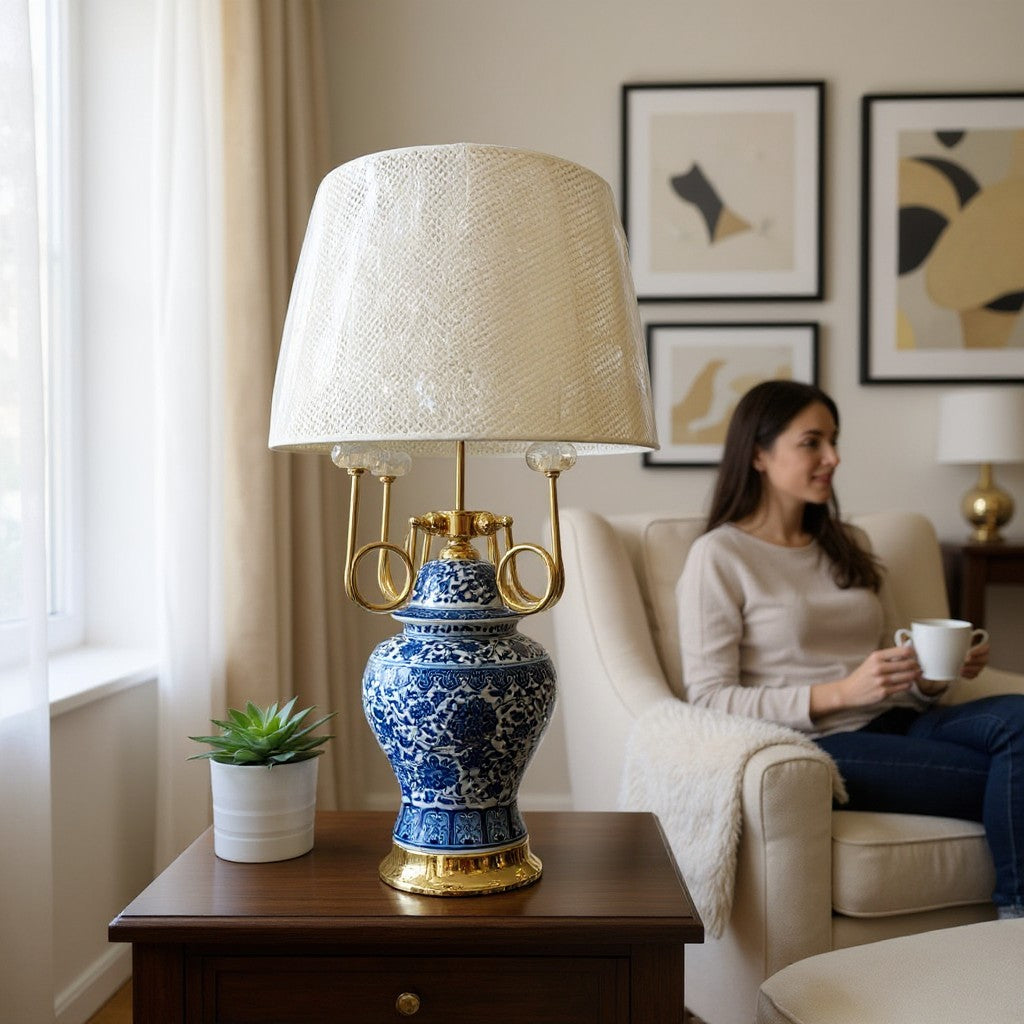 Royal Blue White Floral Porcelain Table Lamp