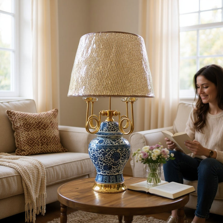 Royal Blue White Floral Porcelain Table Lamp