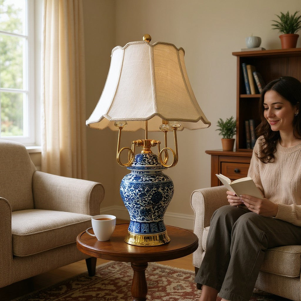 Royal Blue White Floral Porcelain Table Lamp