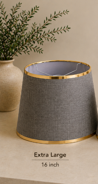 Grey Textured Fabric Lampshade pair with Gold Trim