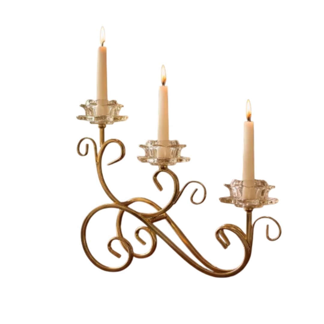 Luxury Triple Gold Scroll Candle Holder Crystal Flower