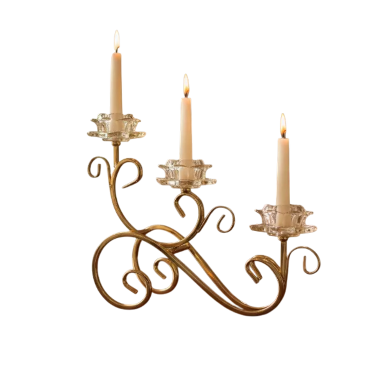 Luxury Triple Gold Scroll Candle Holder Crystal Flower