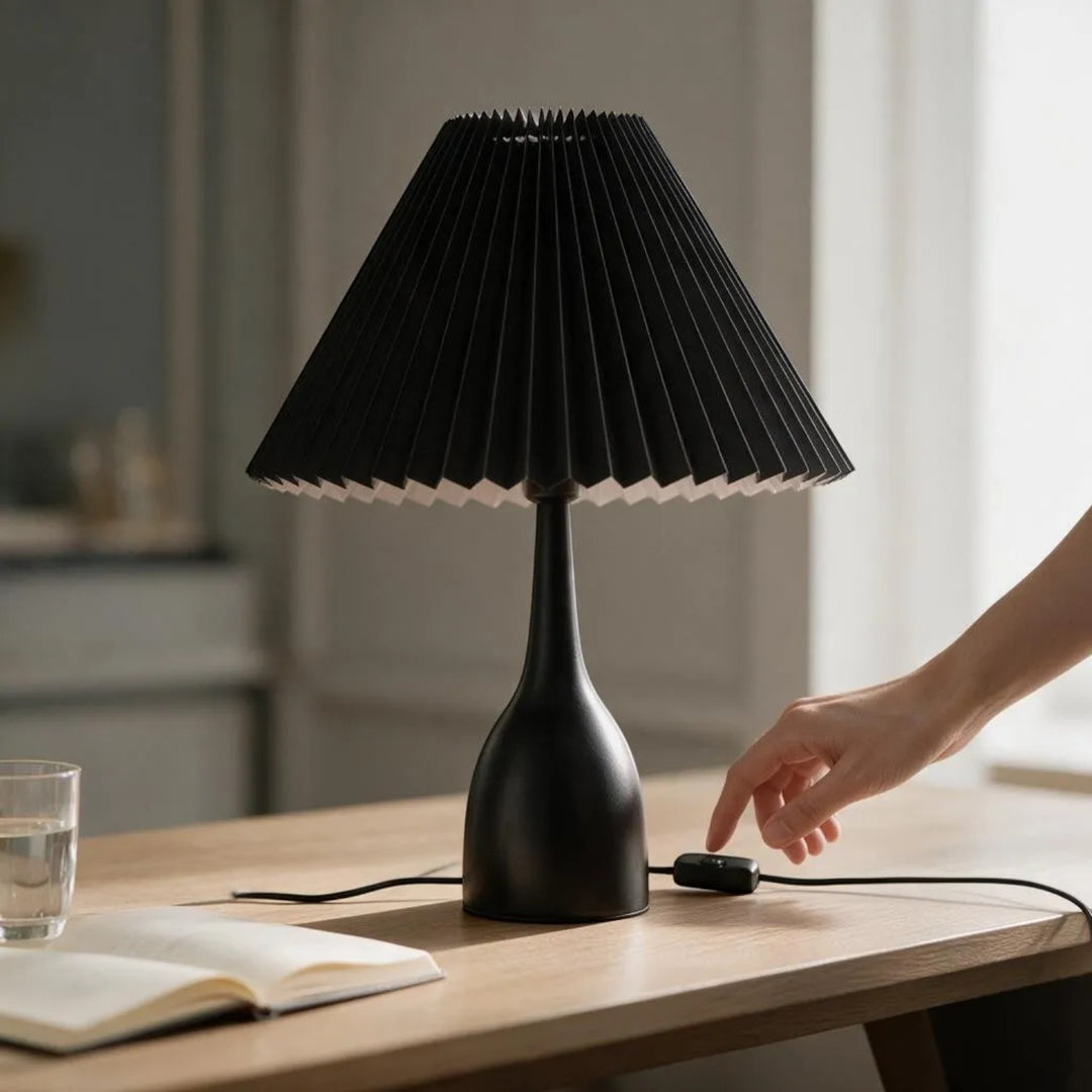 Luxury Metallic Black Table Lamp with Pleated Shade