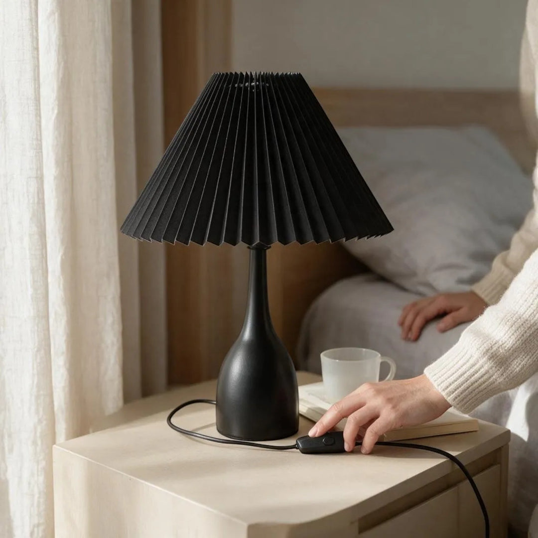 Luxury Metallic Black Table Lamp with Pleated Shade