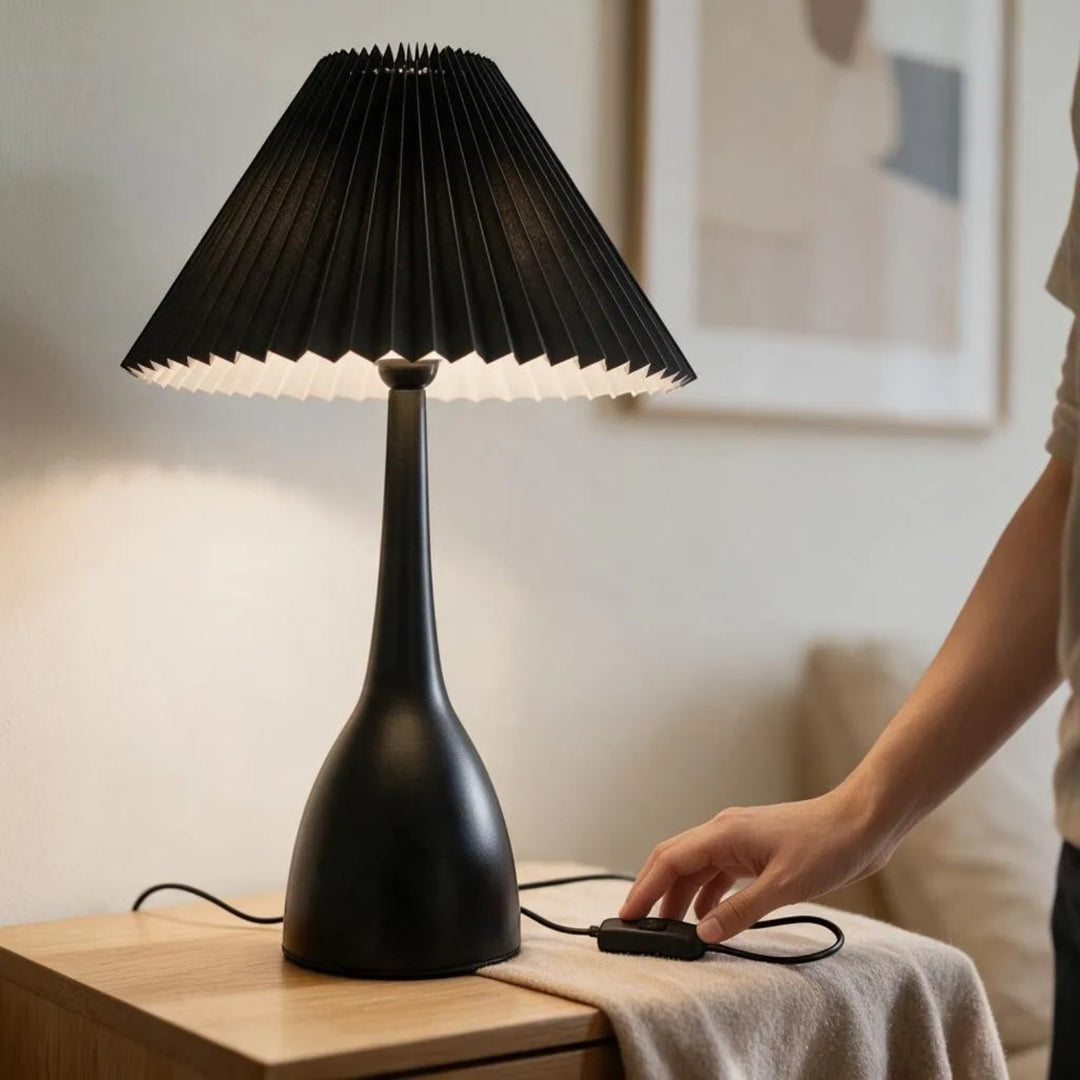 Modern Metallic Black Table Lamp with Pleated Shade