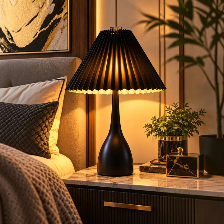 Luxury Metallic Black Table Lamp with Pleated Shade