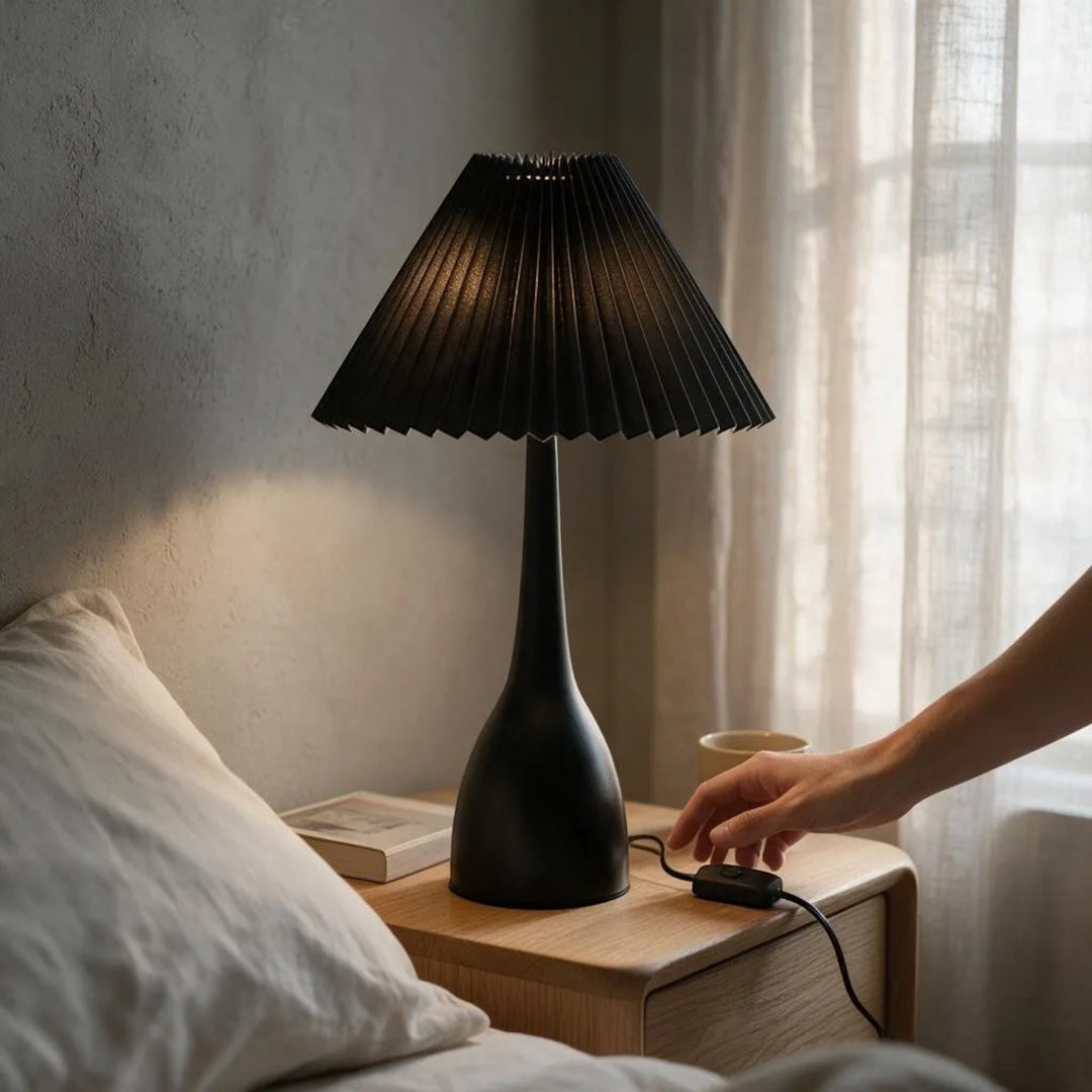 Modern Metallic Black Table Lamp with Pleated Shade