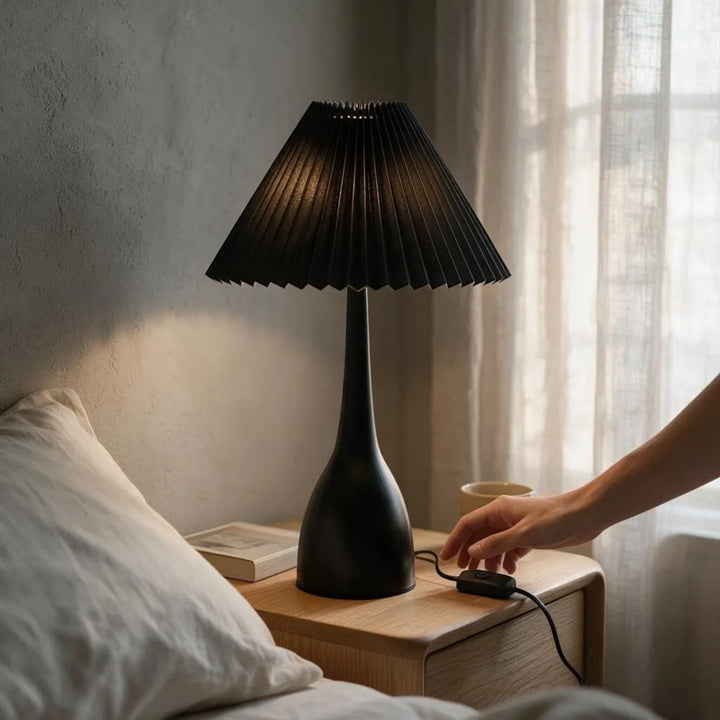 Modern Metallic Black Table Lamp with Pleated Shade