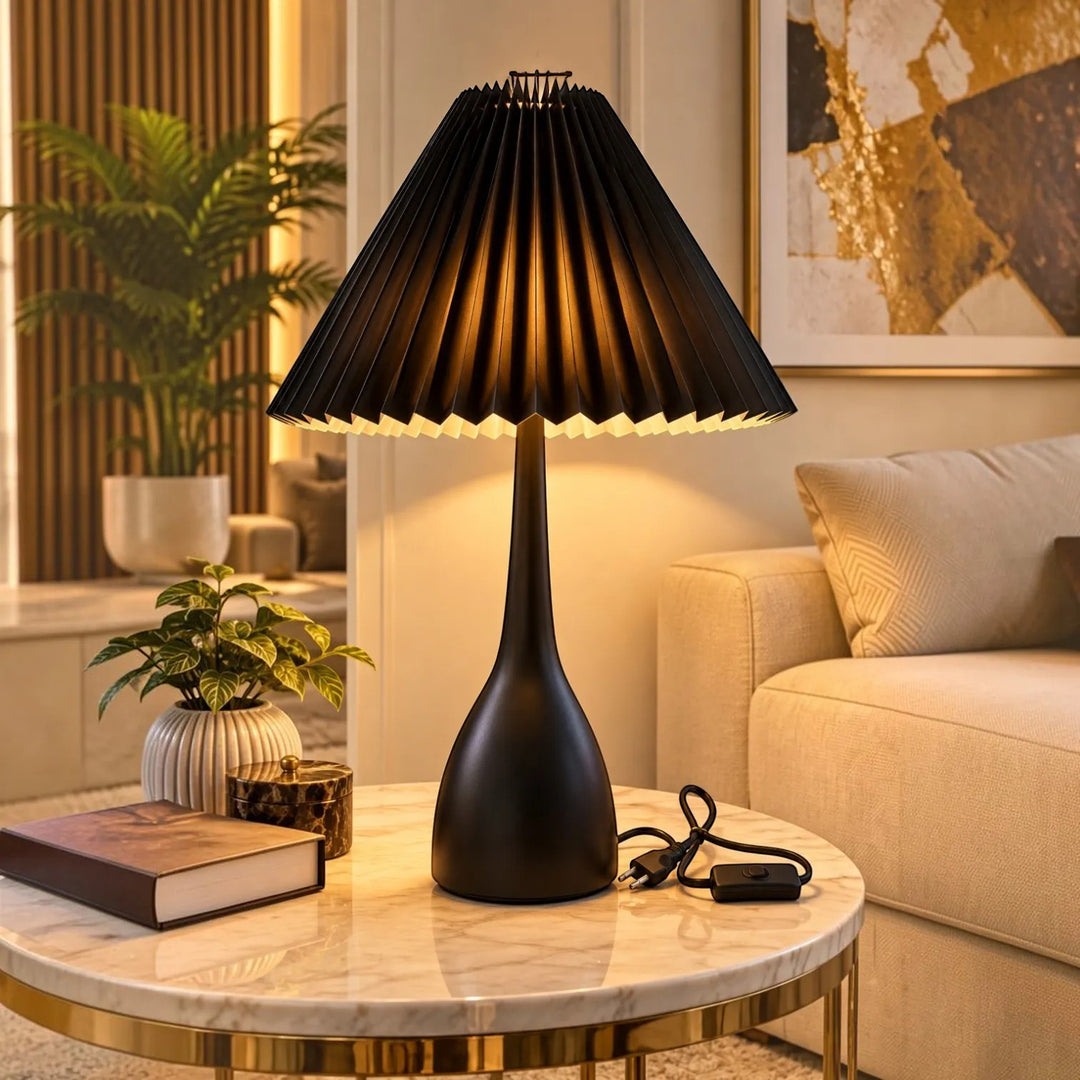 Luxury Metallic Black Table Lamp with Pleated Shade