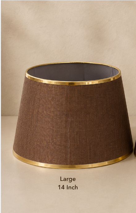Brown Linen Fabric Lampshade pair with Gold Trim