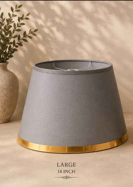 Grey Fabric Lampshade pair with Gold Trim