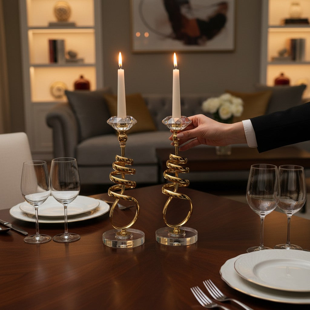 Modern Metallic Heavy Crystal Base Candle Holder