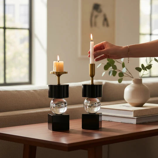 Midnight Luxe Heavy Crystal Candle Holder Set