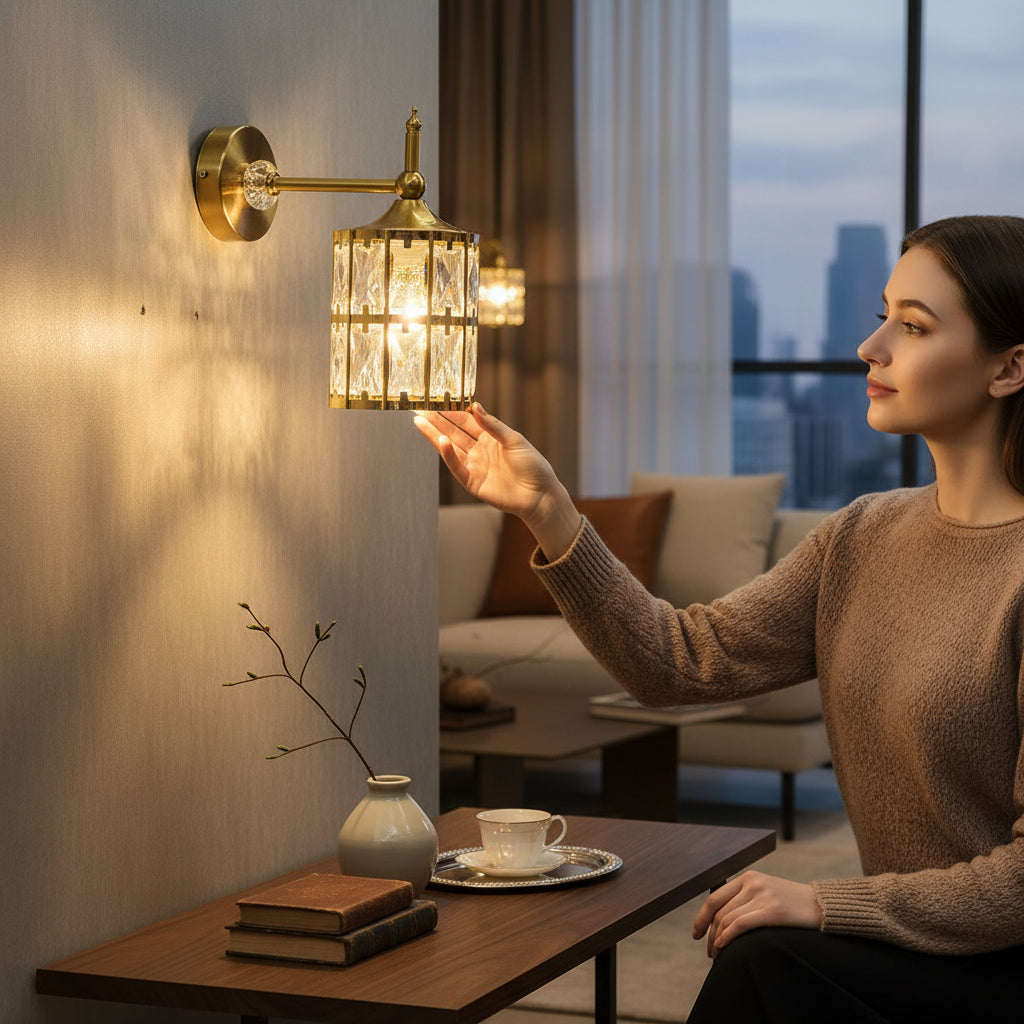 Modern Brass Coated Wall Light with Crystal Glass Design