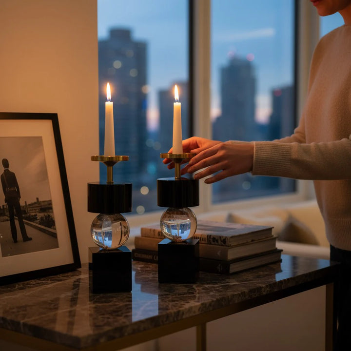 Midnight Luxe Heavy Crystal Candle Holder Set