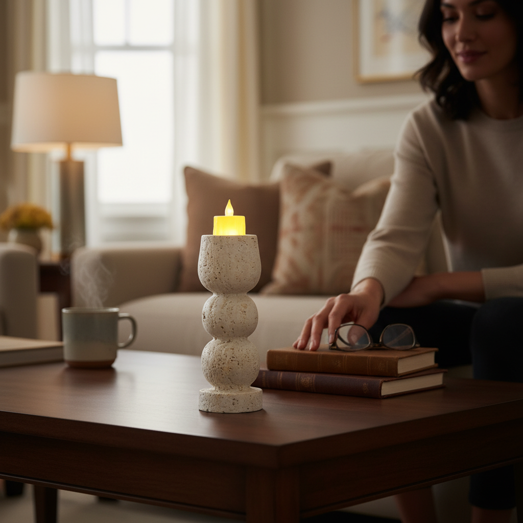 Timeless Grace Travertine Candle Accent