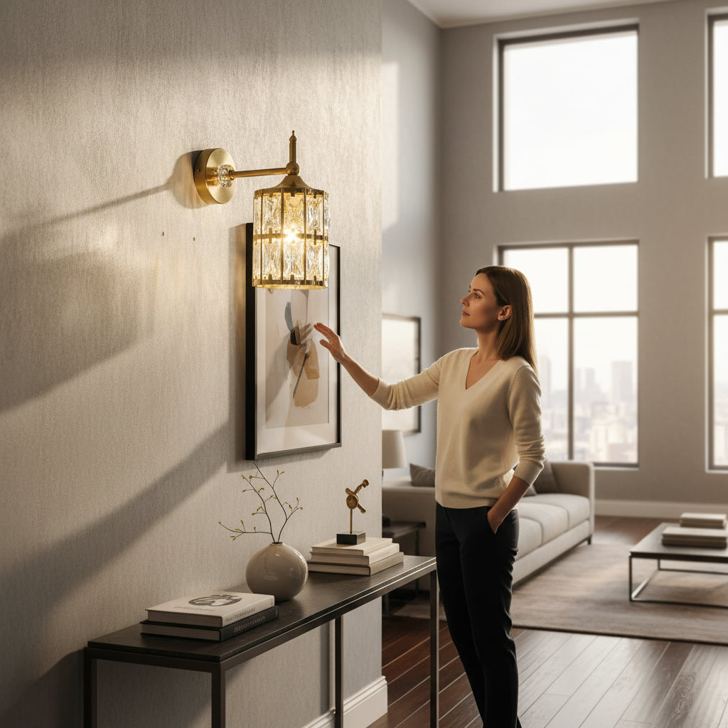 Modern Brass Coated Wall Light with Crystal Glass Design