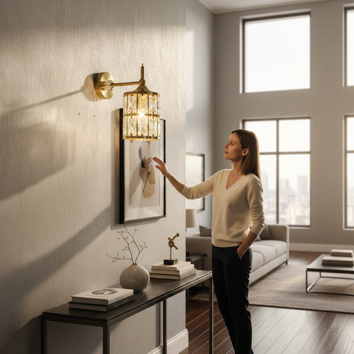 Modern Brass Coated Wall Light with Crystal Glass Design