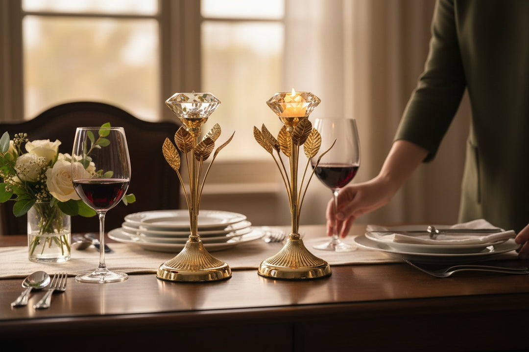 Golden Floral Crystal Candle Holders