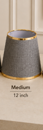 Grey Textured Fabric Lampshade pair with Gold Trim