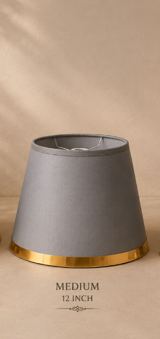 Grey Fabric Lampshade pair with Gold Trim