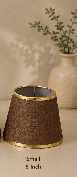 Brown Linen Fabric Lampshade pair with Gold Trim