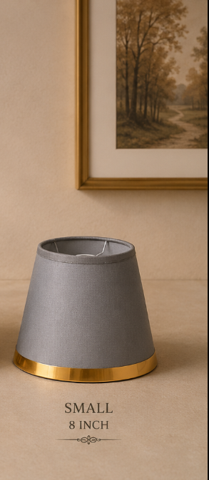 Grey Fabric Lampshade pair with Gold Trim